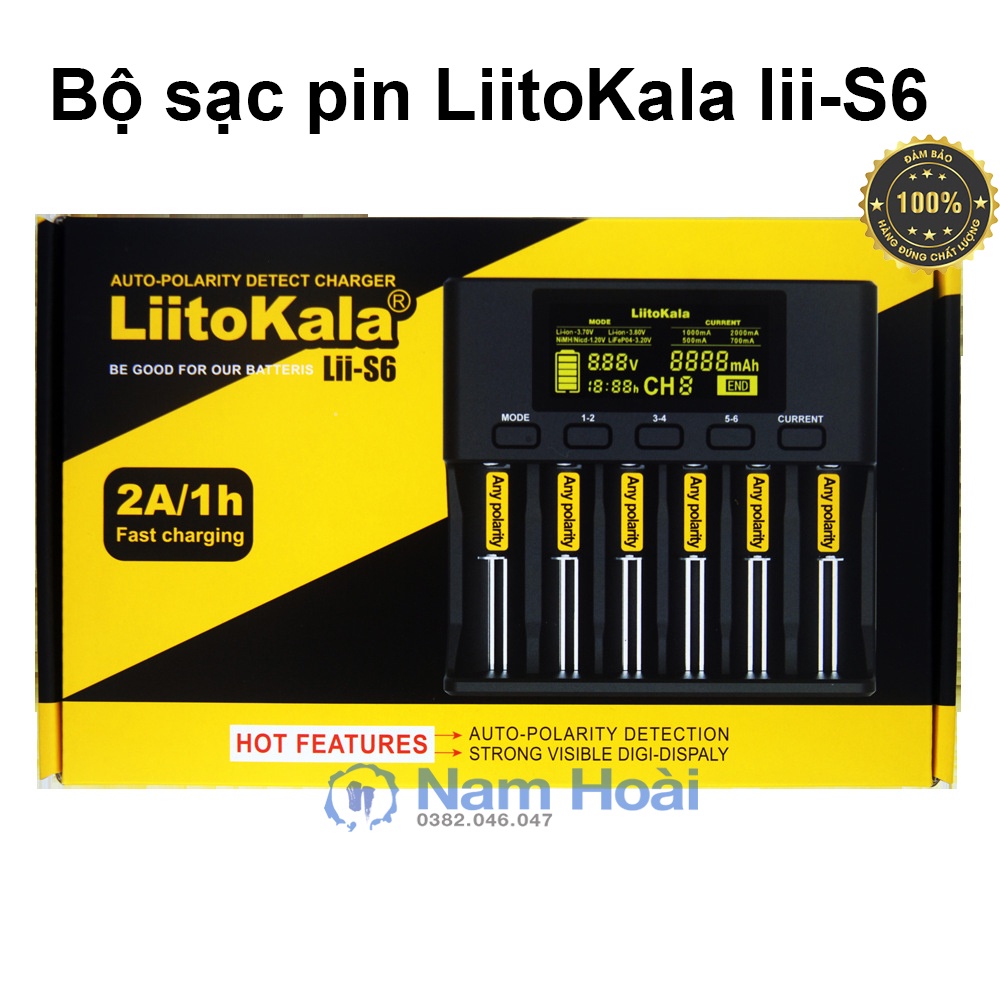 Bộ sạc pin LiitoKala lii-S6 18650 tự động 6 ngăn cho 18650 26650 21700 14500,10440 AA, AAA...