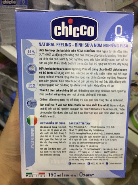 [Chính hãng- Made in Italy] Bình sữa núm nghiêng Pisa Natural Feeling Chicco