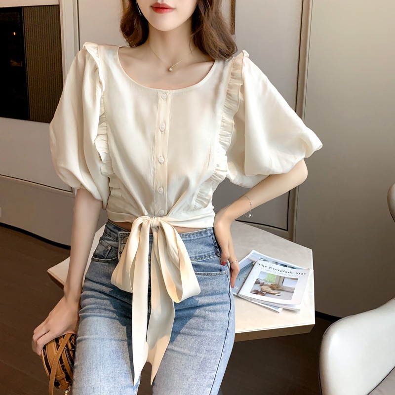 Retro Lantern Short Sleeve Chiffon Casual Crop Top Women Summer Lace-up Ruffle Top Off white