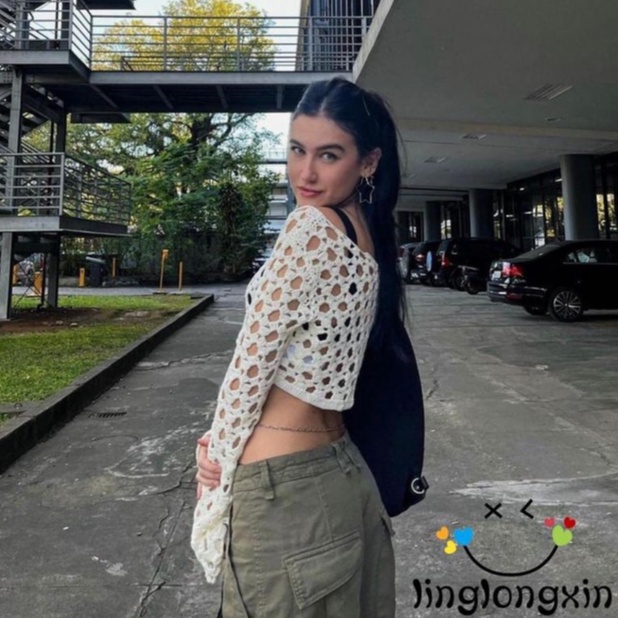 Áo Croptop Dệt Kim Tay Dài Màu Trơn Dáng Ôm Đơn Giản Linglongxi2