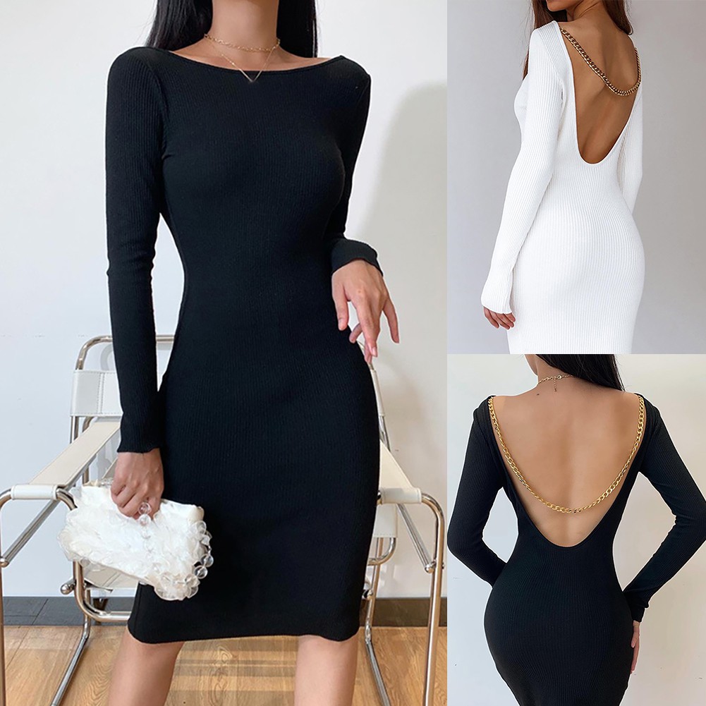 Đầm Body Dệt Kim Tay Dài Thiết Kế Hở Lưng Quyến Rũ