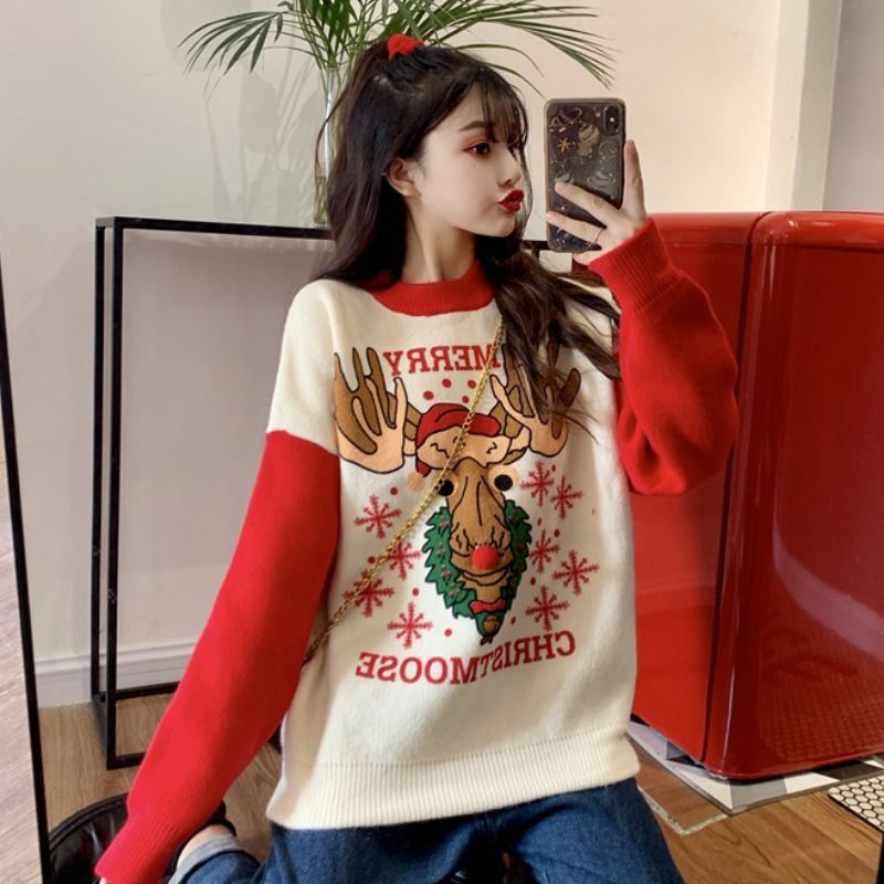 Áo Sweater Dáng Rộng Họa Tiết Giáng Sinh Thời Trang Thu Đông Dễ Phối Đồ Cho Nữ