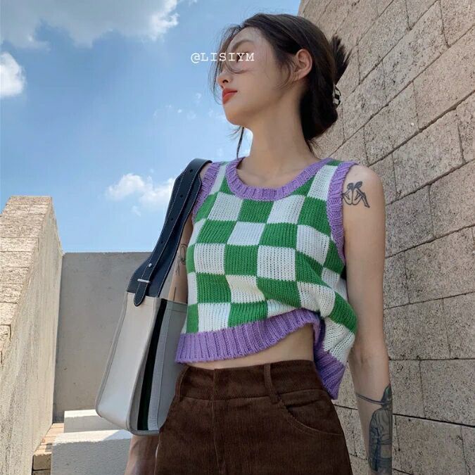 Áo dệt kim không tay họa tiết sọc caro thời trang cho nữ