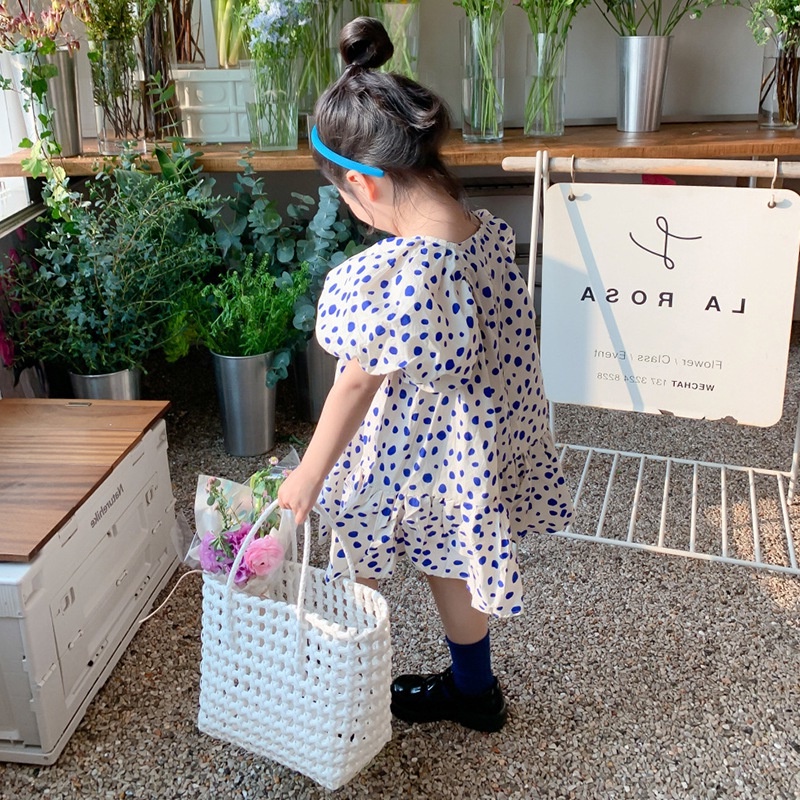 Đầm Công Chúa Tay Phồng Cổ Tròn Họa Tiết Chấm Bi Màu Trắng Xanh Dương Phong Cách Phương Tây Dễ Thương Thời Trang Mùa Hè Cho Bé Gái