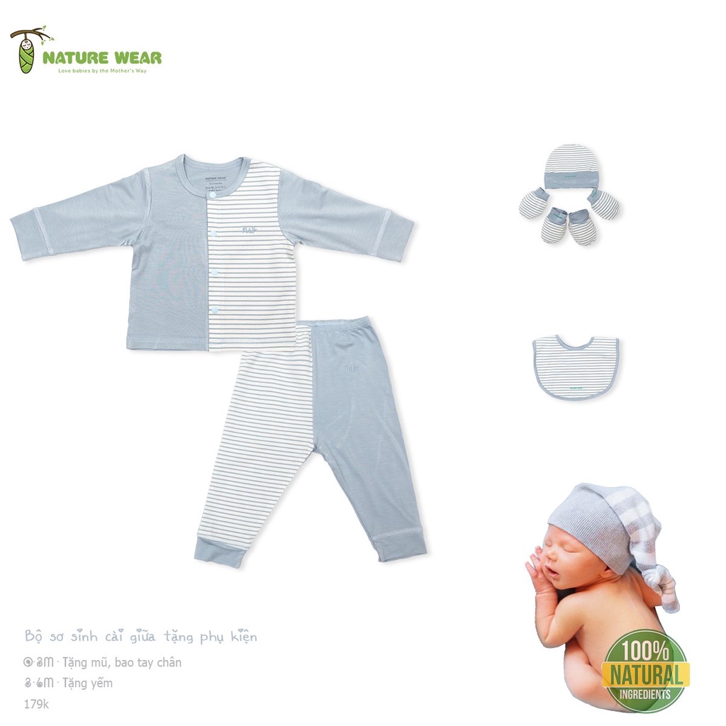 Bộ sơ sinh dài cài giữa kẻ Nature Wear