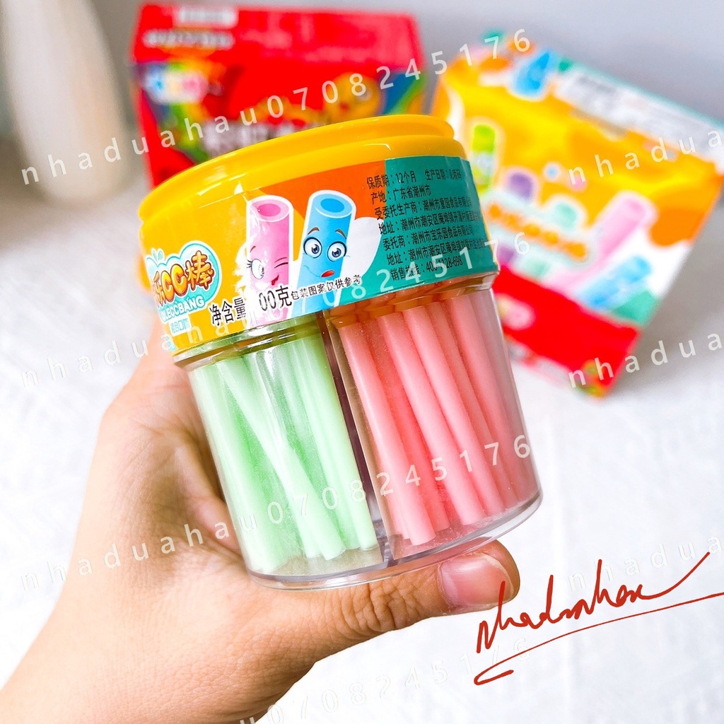 Kẹo tăm/ kẹo gummies sắc màu 4 ngăn cầu vồng Hongkong hủ lớn 100gam