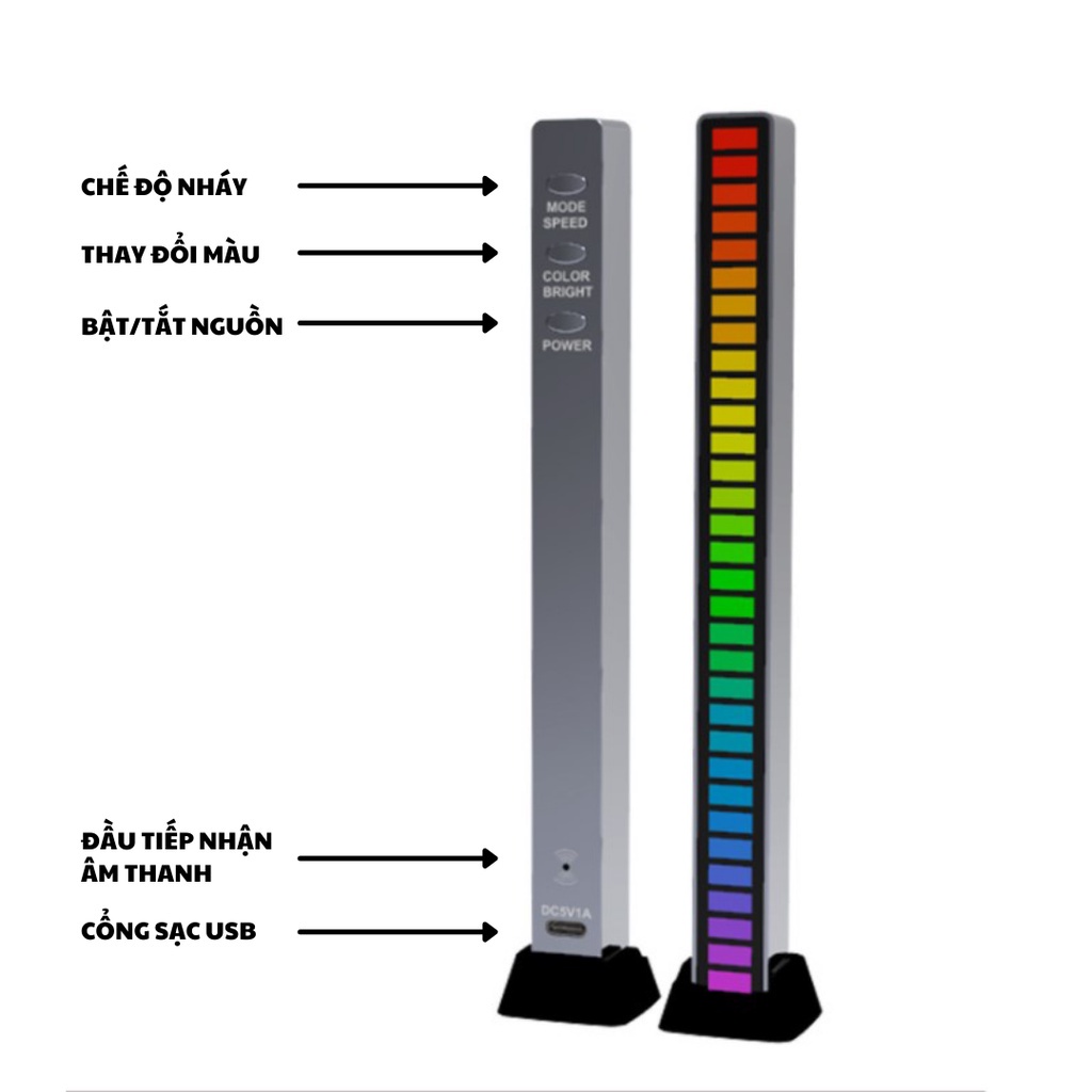 Thanh Đèn LED RGB Nháy Theo Nhạc, 32 Hạt Màu Cảm Ứng Âm Thanh, Điều Khiển Bằng Giọng Nói, Tặng Kèm Dây Sạc USB