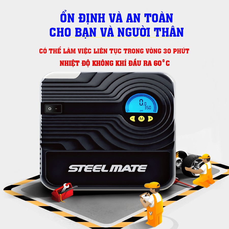 Bơm Lốp Ô tô Điện Tử Chính Hãng STEEL MATE Tự Ngắt Màn Hình LCD Hiển Thị Thông Số - Bảo Hàng 12 Tháng - Lỗi 1 Đổi 1