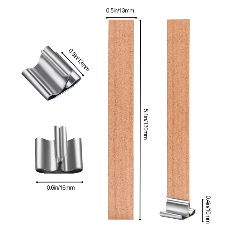 Bộ 50 bấc nến bằng gỗ kèm kẹp giữ bằng kim loại làm nến thủ công cỡ 5.1 X 0.5inch