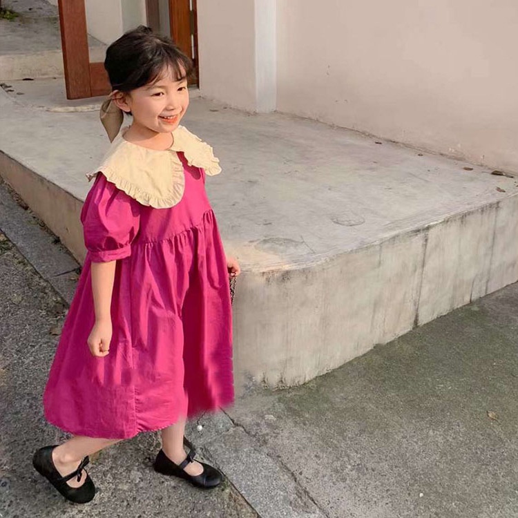 Đầm Công Chúa Tay Phồng Cổ Bẻ Màu Hồng Dễ Thương Thời Trang Mùa Hè Cho Bé Gái