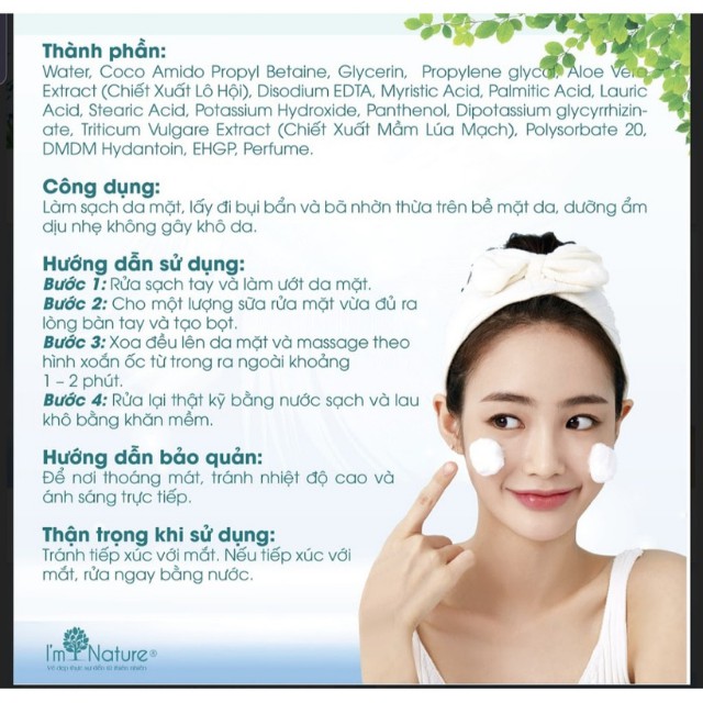 Sữa Rửa Mặt Dịu Nhẹ Gentle Care IM NATURE Làm Sạch Sâu Dành Cho Mọi Loại Da Dầu Mụn Thường Dưỡng Trắng 100g