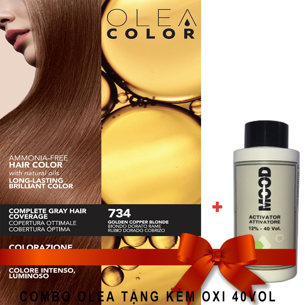 [VÀNG ĐỎ ÁNH ĐỒNG + OXI 40VOL]Kem nhuộm dưỡng tóc không Amoniac Olea Color #MÀU 734 - Made In Italia HSD 05 năm