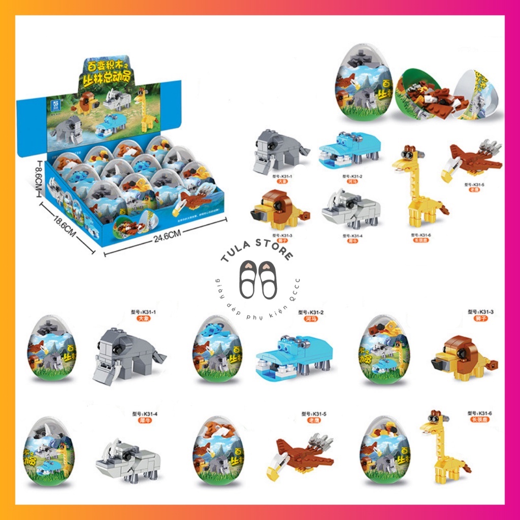 Trứng khủng long lego cho bé, động vật rừng xanh, xe công trình, khủng long thời đại