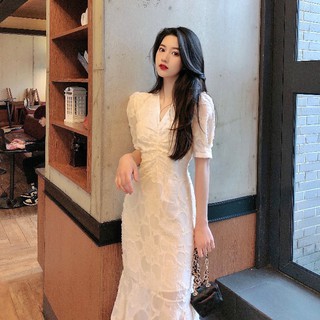 (ORDER ) Váy dự tiệc cổ V dáng dài ôm body nhún bèo đuôi cá điệu đà sang trọng kiểu Pháp