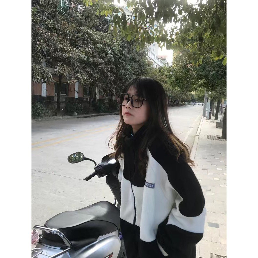 Áo khoác nỉ hoodie phối màu đen trắng lót lông Hàn Quốc có ảnh thật | BigBuy360 - bigbuy360.vn