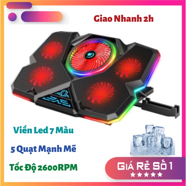 Đế Tản Nhiệt Laptop 5 Quạt Viền Led  Siêu Mạnh Siêu Mát Dành Cho Máy 14 inch Đến 17 inch