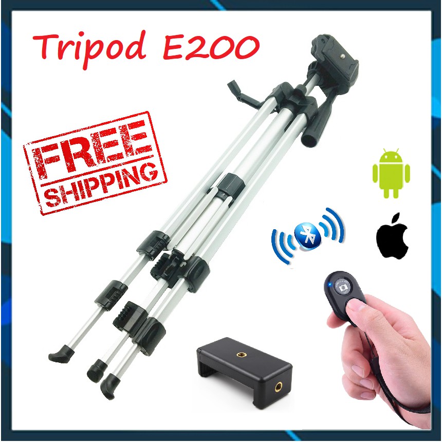 CHÂN ĐẾ TRIPOD E200 CAO 1M15 - TẶNG Giá kẹp điện thoại 002 + Remote chụp hình Bluetooth