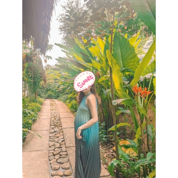 Váy đầm maxi xếp ly cổ yếm màu ombre lạ mắt vintage bầu bì bon chen đi biển đi du lịch