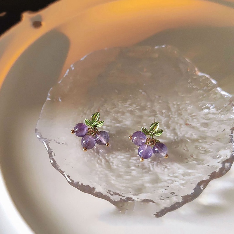 Bông Tai Hình Lá Nho Màu Tím/Xanh Lá Thiết Kế Đơn Giản Xinh Xắn