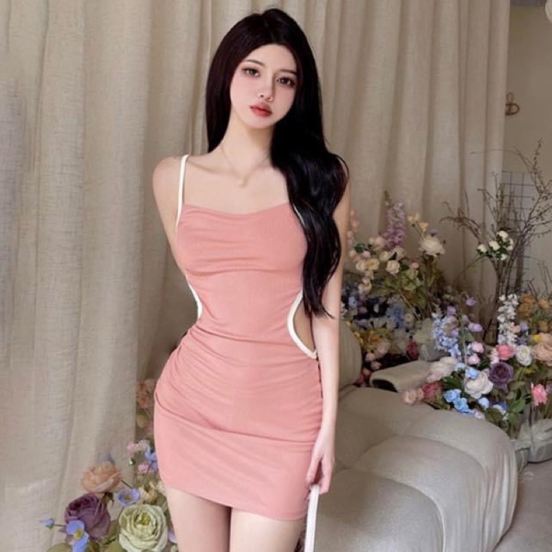 Đầm hai dây nữ ngắn kiểu sát nách ôm sát body thun cut out khoét eo trơn - Order taobao quảng châu