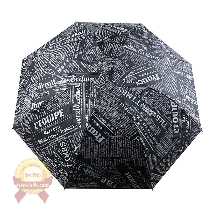 Ô dù chống tia UV 3 lớp che mưa nắng 8 nan kép chắc chắn nhỏ gọn họa tiết retro giấy báo Hàn Quốc