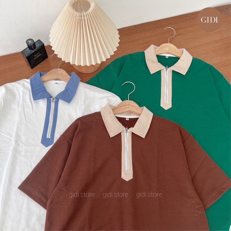 Áo phông Polo ZIP BASIC Nam Nữ Unisex - áo thun có cổ vải da cá tici form rộng OVESIZE tay lỡ thoáng mát GIDI