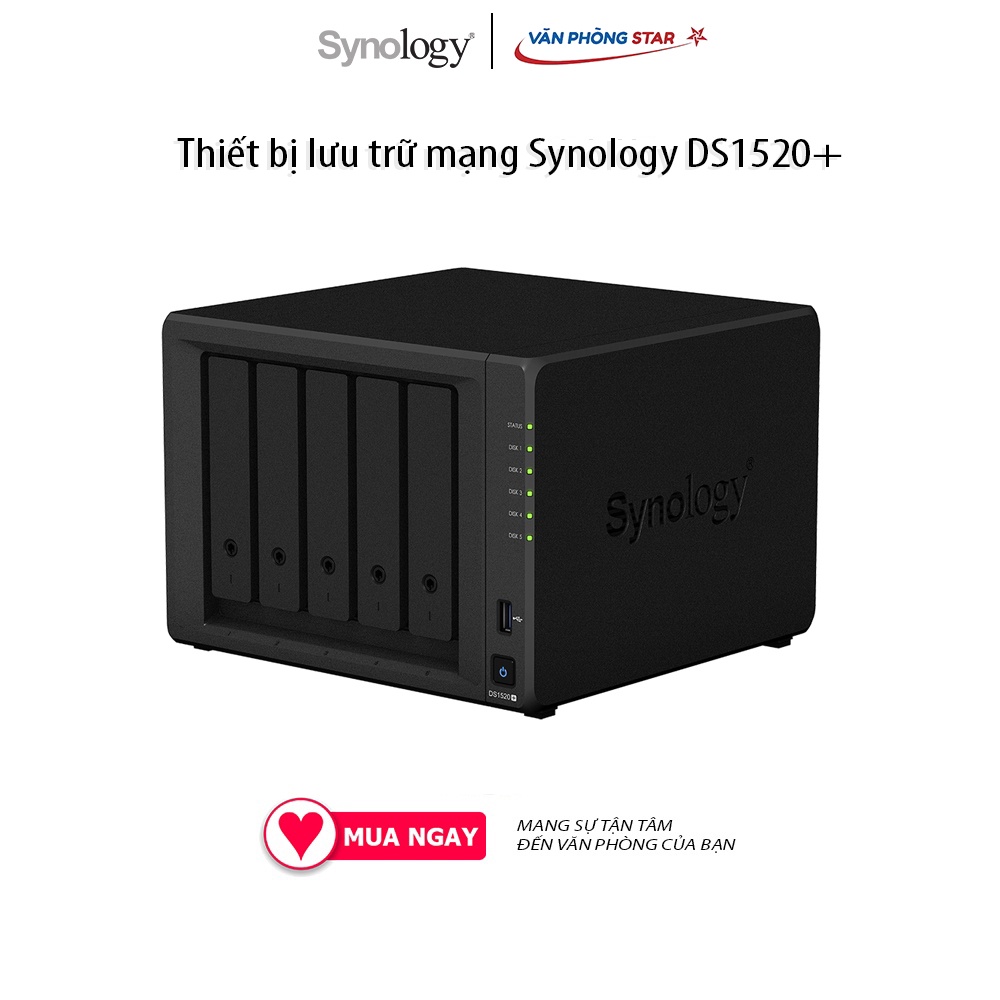 Thiết bị lưu trữ mạng Synology DS1520+ Intel Celeron J4125 4-core 2.0 GHz, 8 GB DDR4 non-ECC 5 Khay đựng ổ cứng