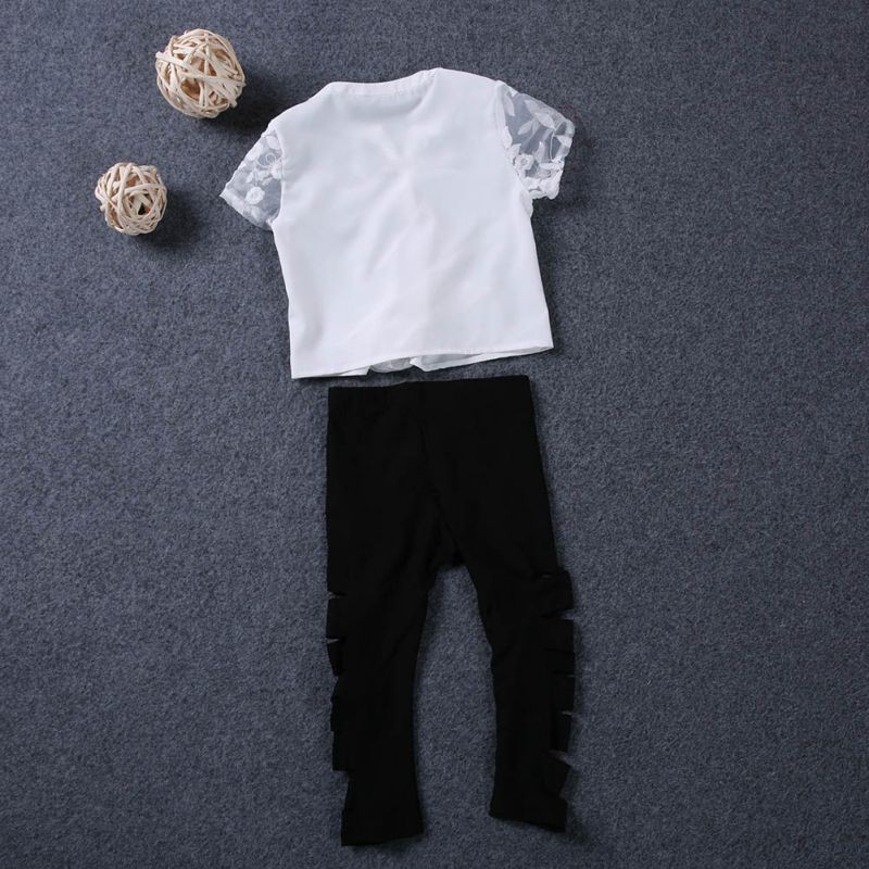 Set áo cotton phối lưới hoa+quần legging rách cho bé