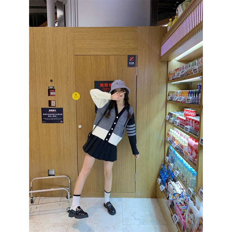 Áo Khoác Cardigan Cổ Chữ V Họa Tiết Kẻ Sọc Màu Sắc Tương Phản Thời Trang Thu Đông Cho Nữ