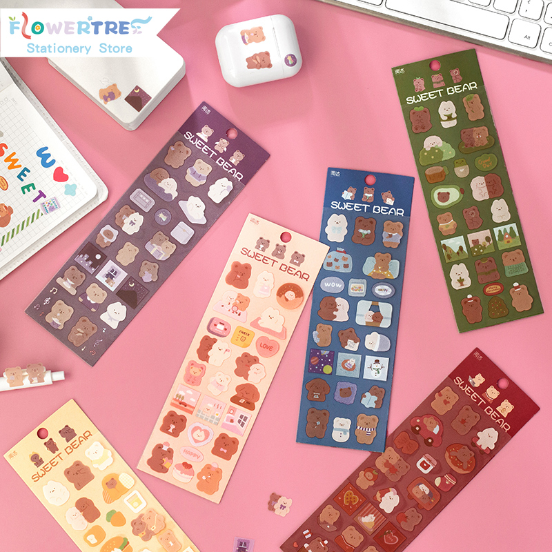 Flowertree Sticker Set 2 tờ nhãn dán họa tiết gấu ngọt ngào trang trí nhật kí