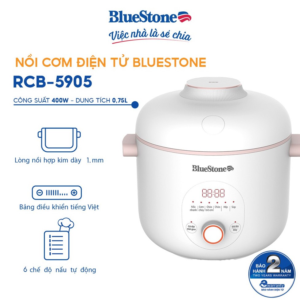 [Mã ELHADEV giảm 4% đơn 300K] Nồi Cơm Điện Tử 0.75L BlueStone RCB-5905