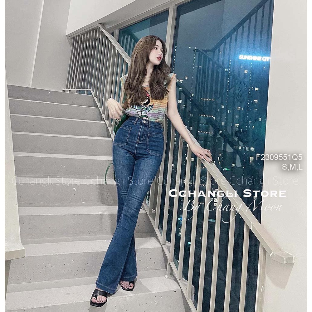 Quần jean dài ống loe lai to lưng cao có hai túi trước tôn dáng hàng đẹp!