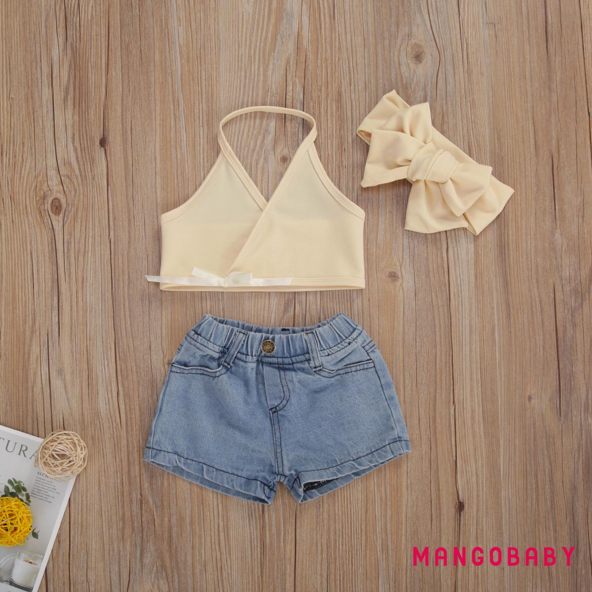 MG-3 Pcs Infant Solid Color Outfits, Toddler V-neck Halter Top Denim Shorts with Pockets Bow Headdress