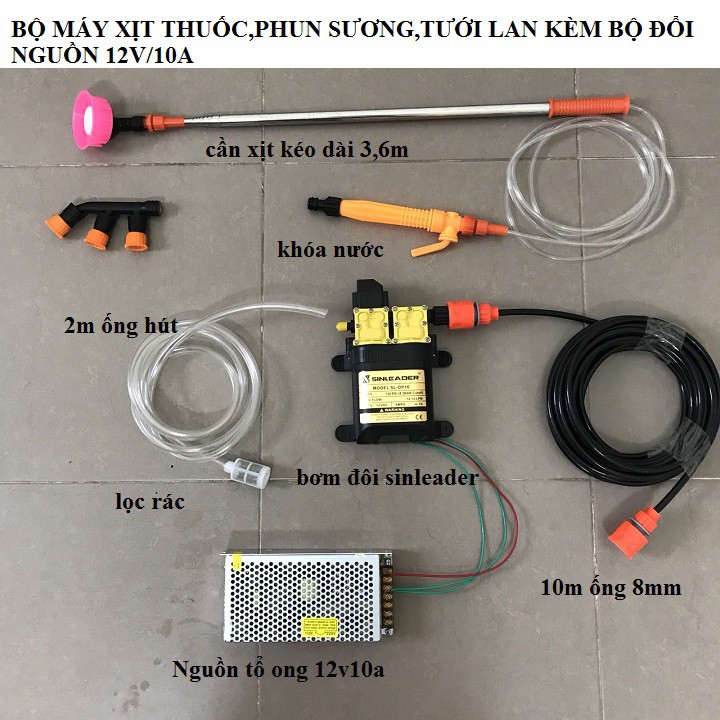 Bộ máy bơm rửa xe mini 12v dùng để tưới lan, phun thuốc đầy đủ phụ kiện