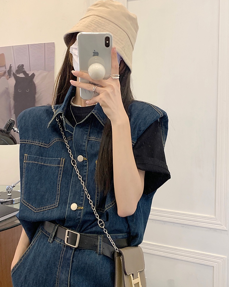 Áo khoác denim sát nách/ Chân váy denim xẻ tà Peppermint 53642 phong cách Hong Kong cổ điển thời trang mùa hè mới