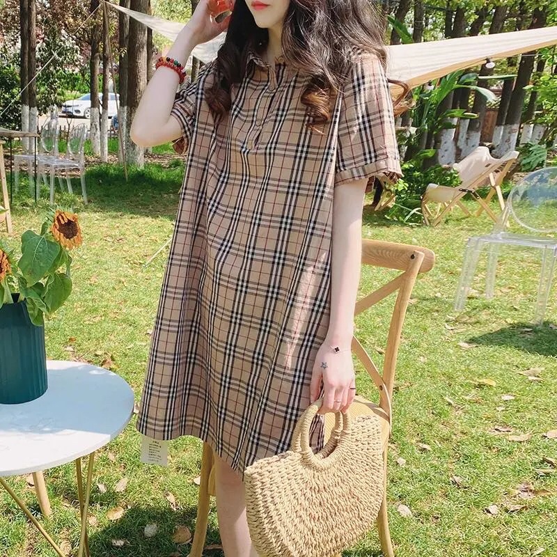 Váy cotton nữ mùa hè nhỏ phong cách hàn quốc mùa hè giản dị đi làm tính khí váy sơ mi kẻ sọc mỏng