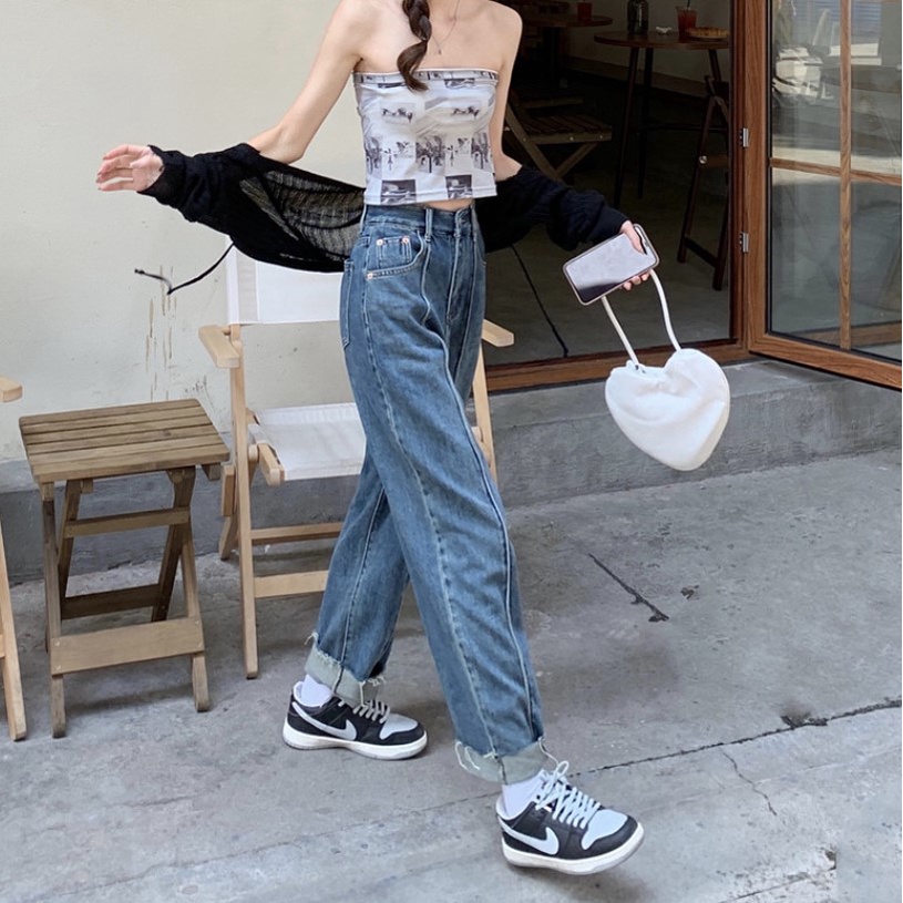 Quần Denim | Quần Denim Jeans Nữ Cạp Cao Dáng Dài Thiết Kế Xắn Gấu Chất Jeans Dày Dặn Hàn Quốc