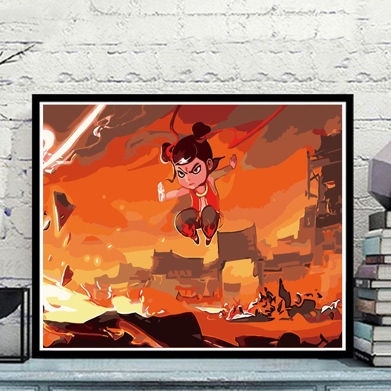 Bức tranh kỹ thuật số sơn dầu nhân vật hoạt hình phòng khách tô màu phong cảnh vẽ tay cậu bé phép Nezha đến với thế giới