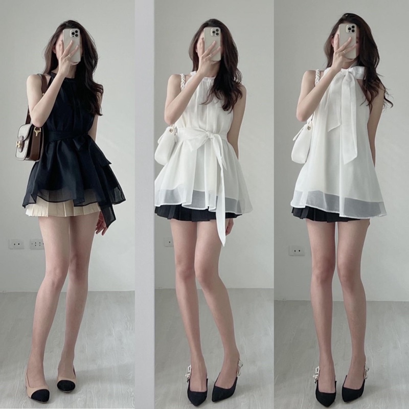 [Ảnh thật/Video]Áo yếm tơ kèm đai thắt eo hoặc làm turban Áo sơ mi tơ mềm