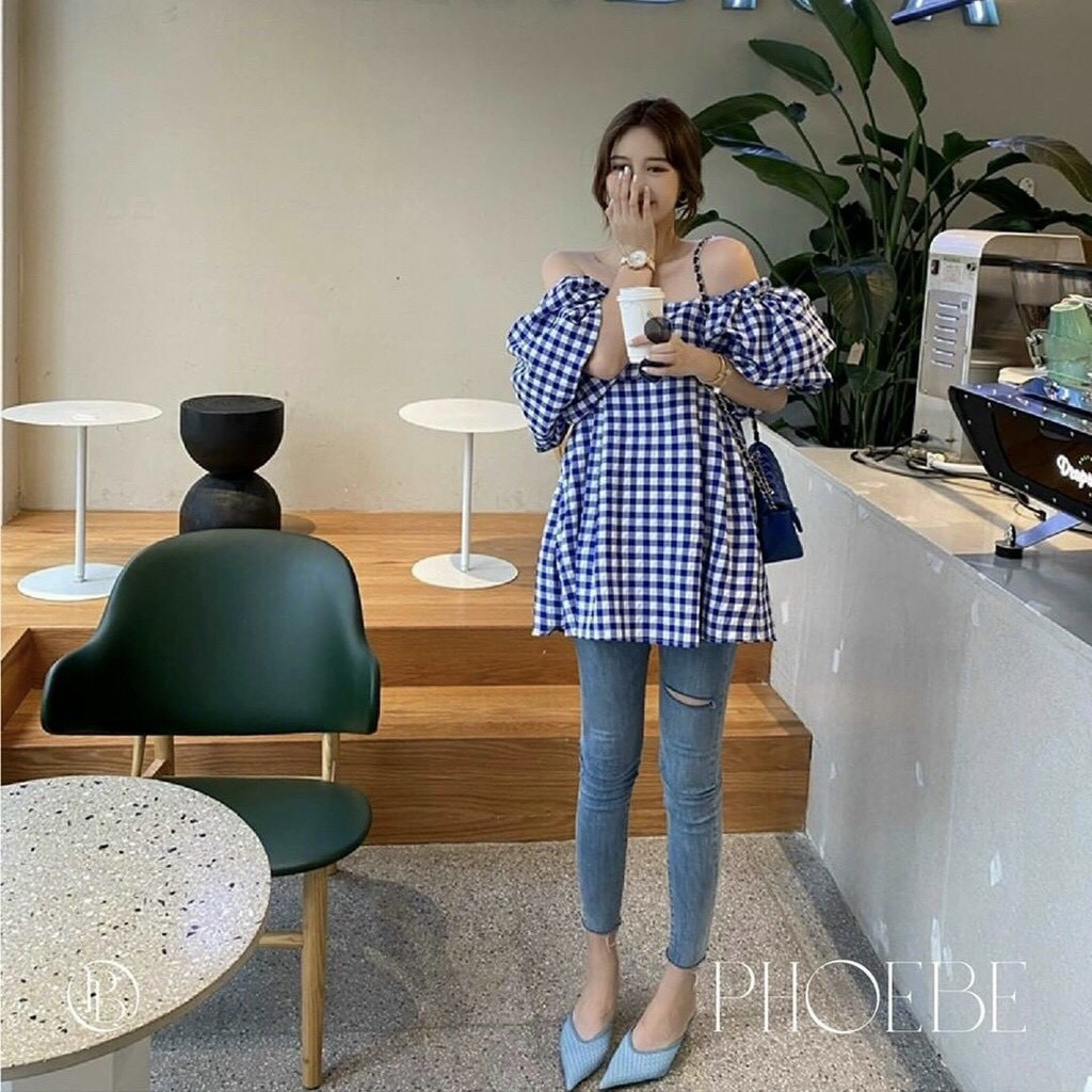 Áo Kẻ Caro GINGHAM Xanh Trễ Vai Tay Bồng 🦋FREESHIP🦋 BLUE GINGHAM TOP Trễ Vai Tay Bồng LANI SHOP