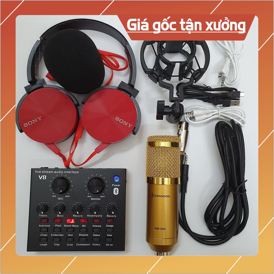 sound card V8 bluetooth mic bm900 livestream thu âm tặng tai nghe
