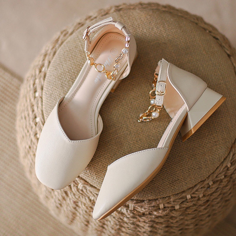 Giày Sandal Mary Jane Gót Dày Cài Khóa Dây Xích Cổ Thấp Thời Trang Hàn Quốc