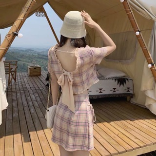 Set caro croptop + Chân váy