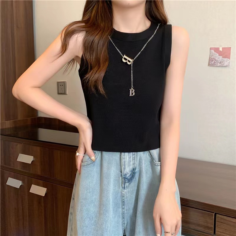[Hana And Alice] Áo Dệt Kim Sát Nách Hở Rốn Lưng Cao Phối Dây Xích Gợi Cảm