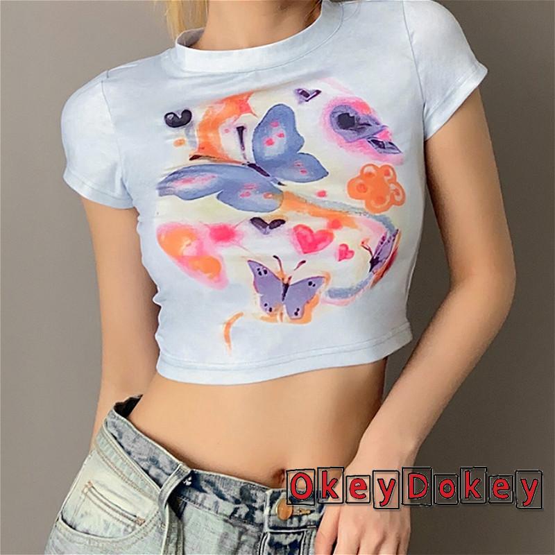 Áo Thun Crop Top Tay Ngắn Dáng Ôm In Họa Tiết Bươm Bướm Thời Trang Mùa Hè Xinh Xắn Cho Nữ