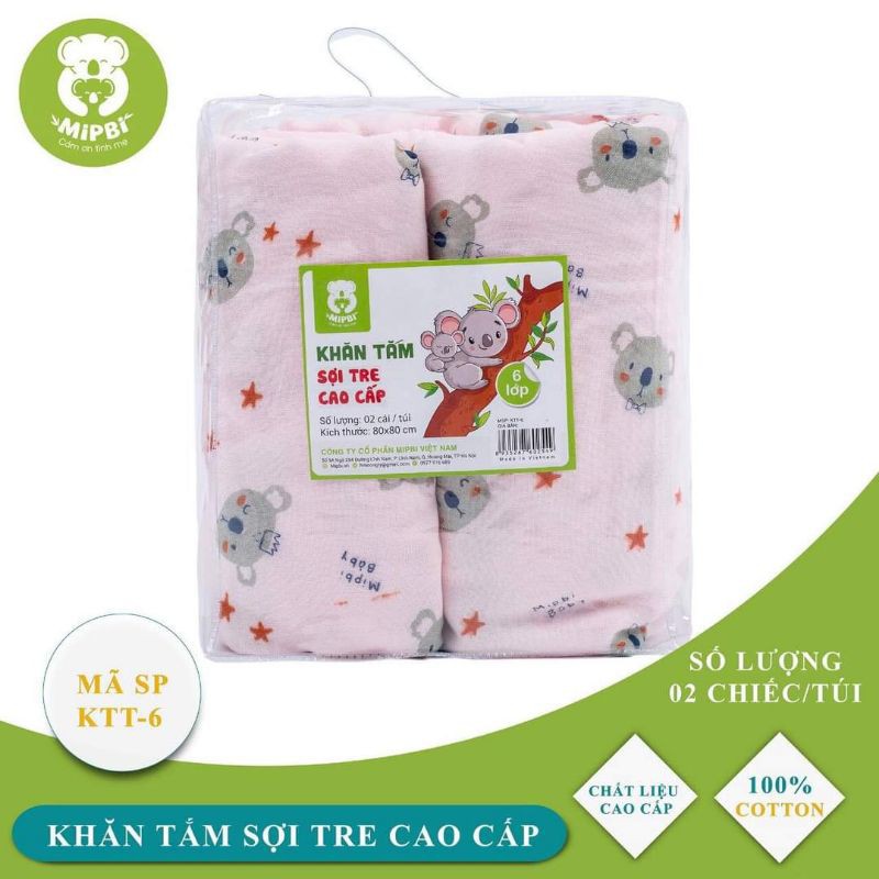 Khăn tắm sợi tre Mipbi 6 lớp màu Xanh, Hồng, Trắng