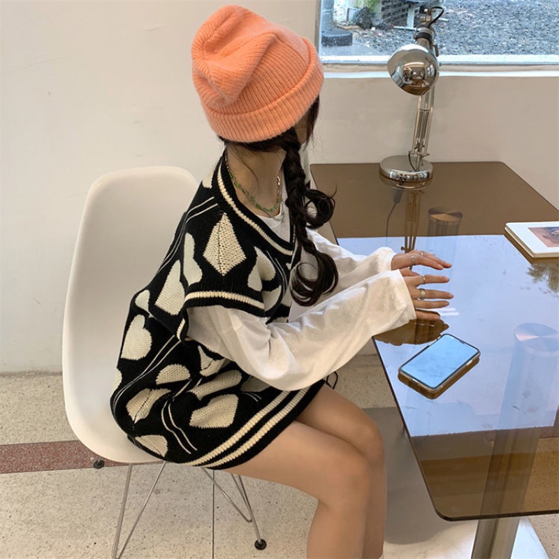 Áo sweater dệt kim Perty sát nách dáng rộng phong cách Hàn Quốc thời trang mùa thu cho nữ