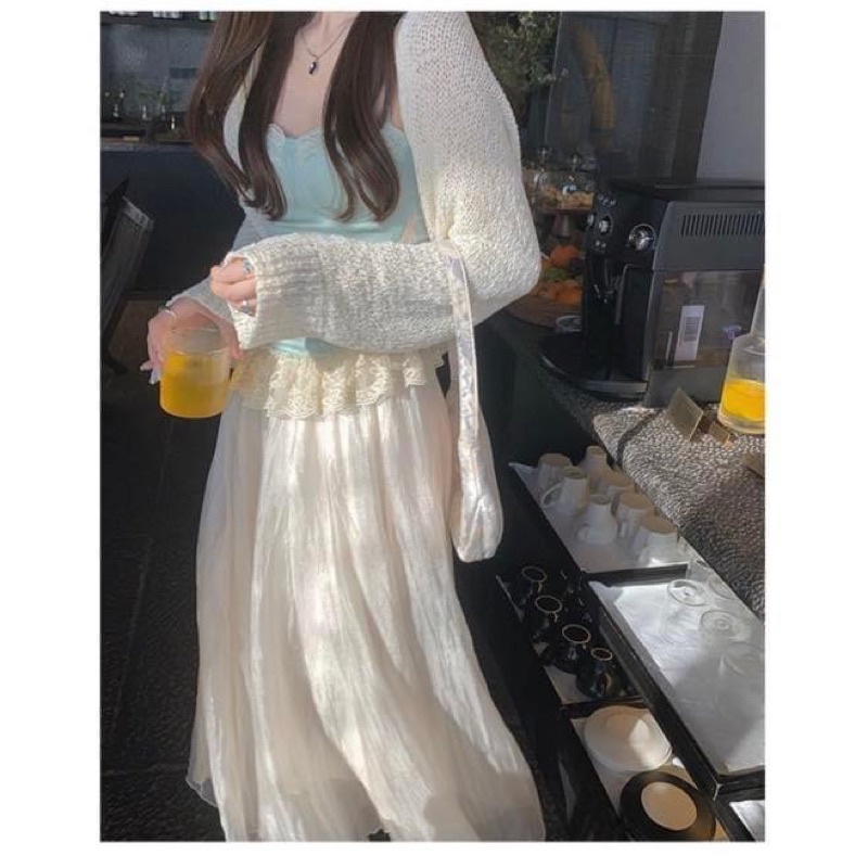 Set bộ áo hai dây kiểu nữ phối ren kèm áo khoác cardigan trắng và chân váy midi xếp ly voan lưới dài nhiều lớp - Order