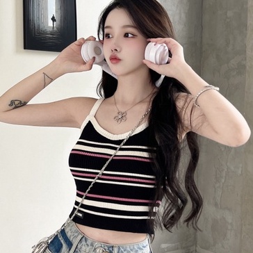 Áo kiểu ZHELIHANGFEI vải dệt kim không tay lưng cao họa tiết kẻ sọc phong cách quyến rũ