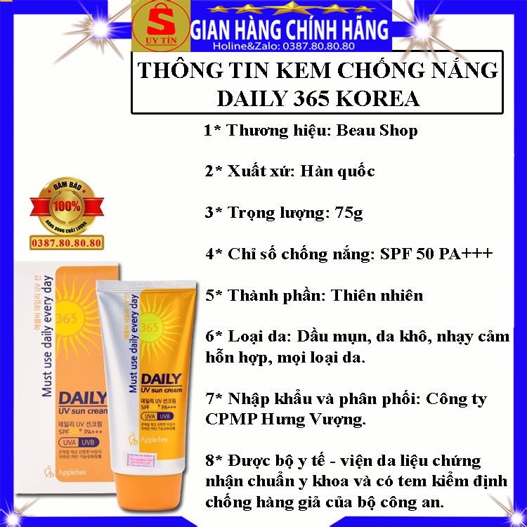 Kem chống nắng kem nền vật lý kiềm dầu nâng tone da chính hãng Beau Shop hàn quốc Applecc Daily UV Sun Cream SPF 50PA+++